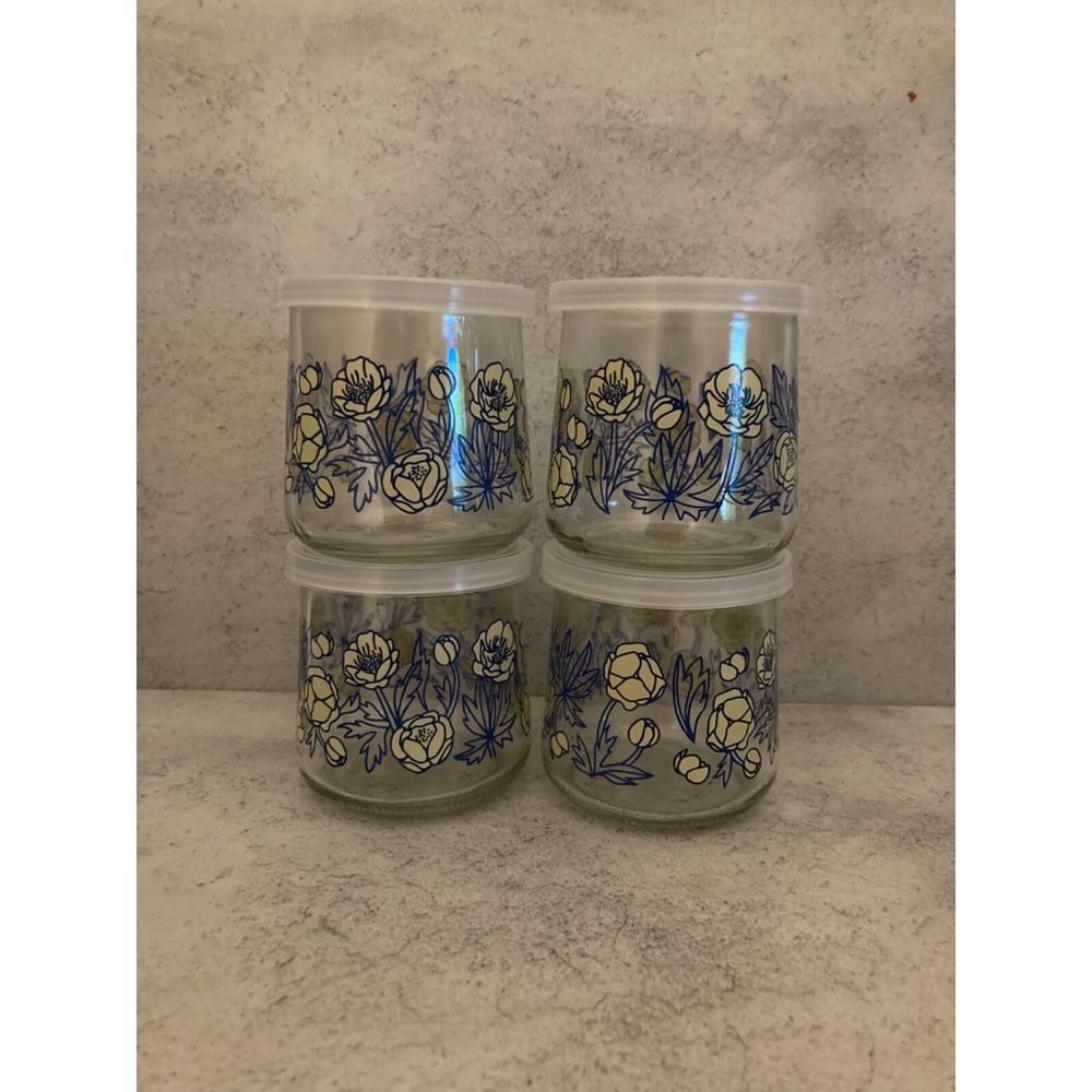 4 Yoplait Oui Yellow Flowers Glass Jars Limited Edition Design NEW lids